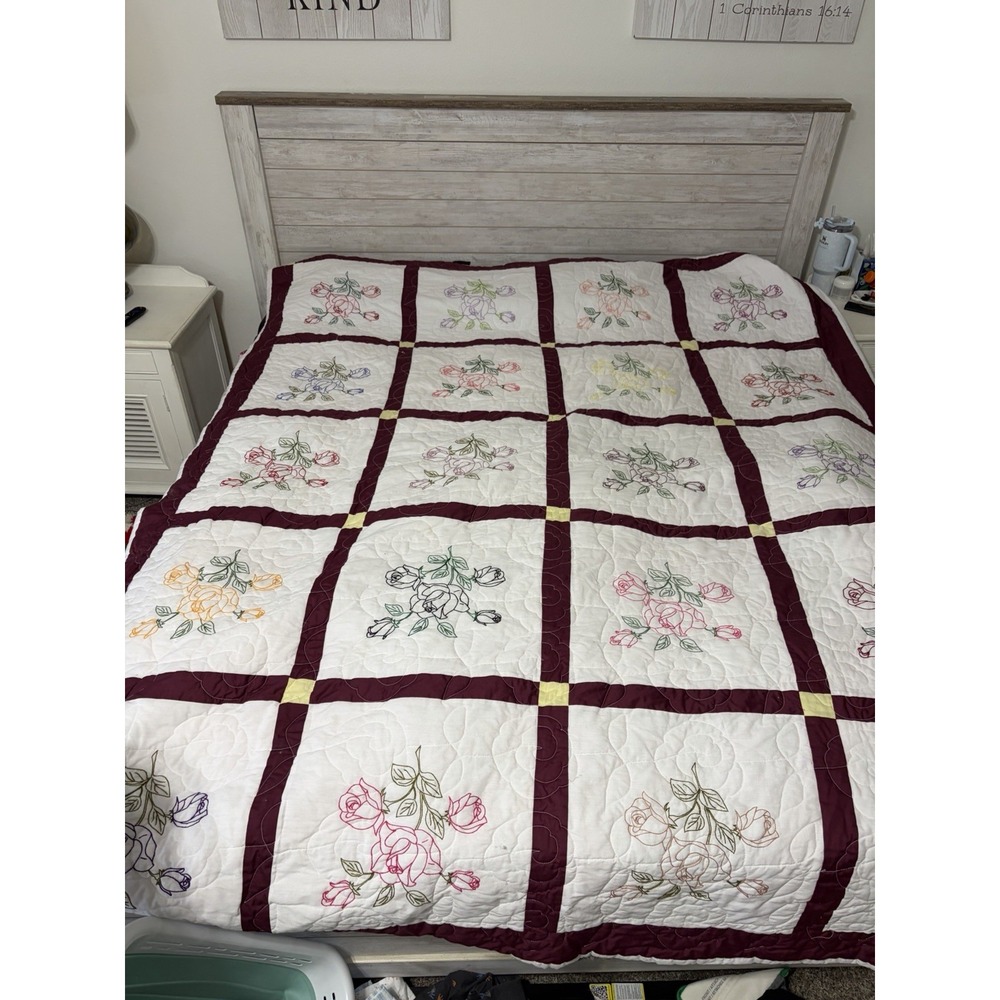 Vintage Purple Pink Yellow Floral Pattern  Embroidered Homemade Quilt 100"x 78"